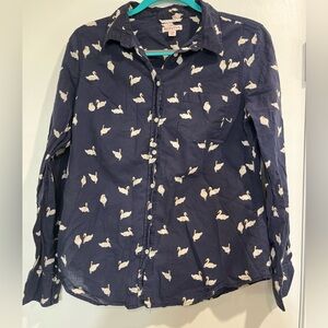 Merona Woman’s Navy Blue Swan Bird Button Down Top Size M